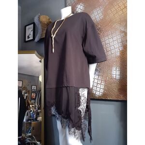 Zara Nwt Chocolate Brown/ Burgundy Lace-Hem Tunic Top